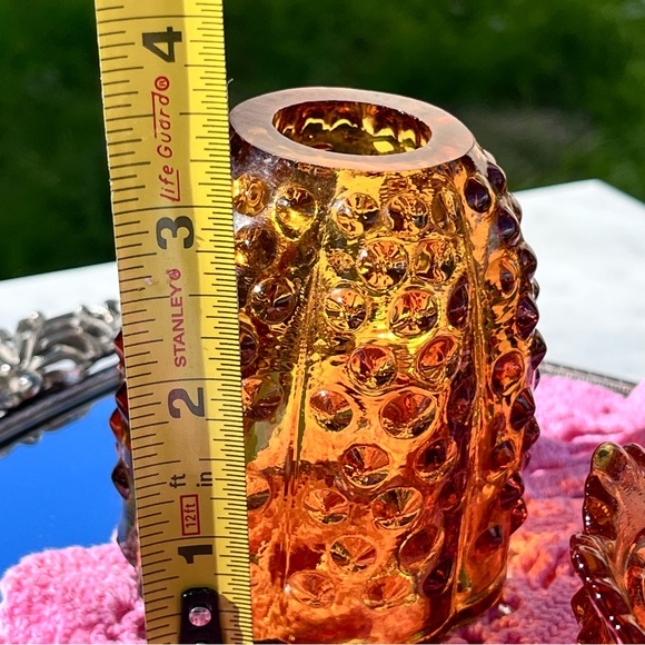 Vintage Fenton Amber Glass Hobnail Fairy Lamp Candle Holder, 2 pc, approx 4.75" - Picture 10 of 14